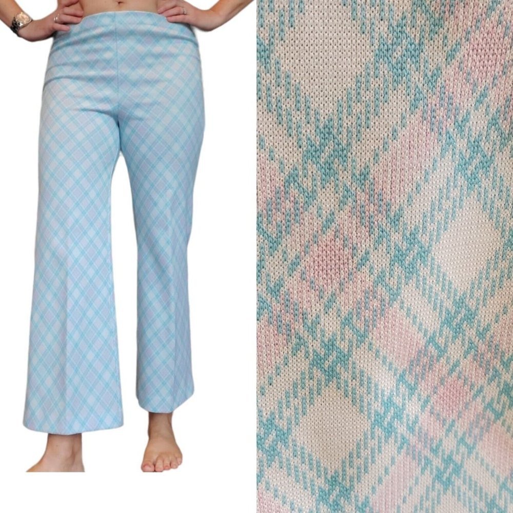 Vintage 70s Pastel Blue Pink Plaid Polyester Cropped Flare Pants Trousers Pullon